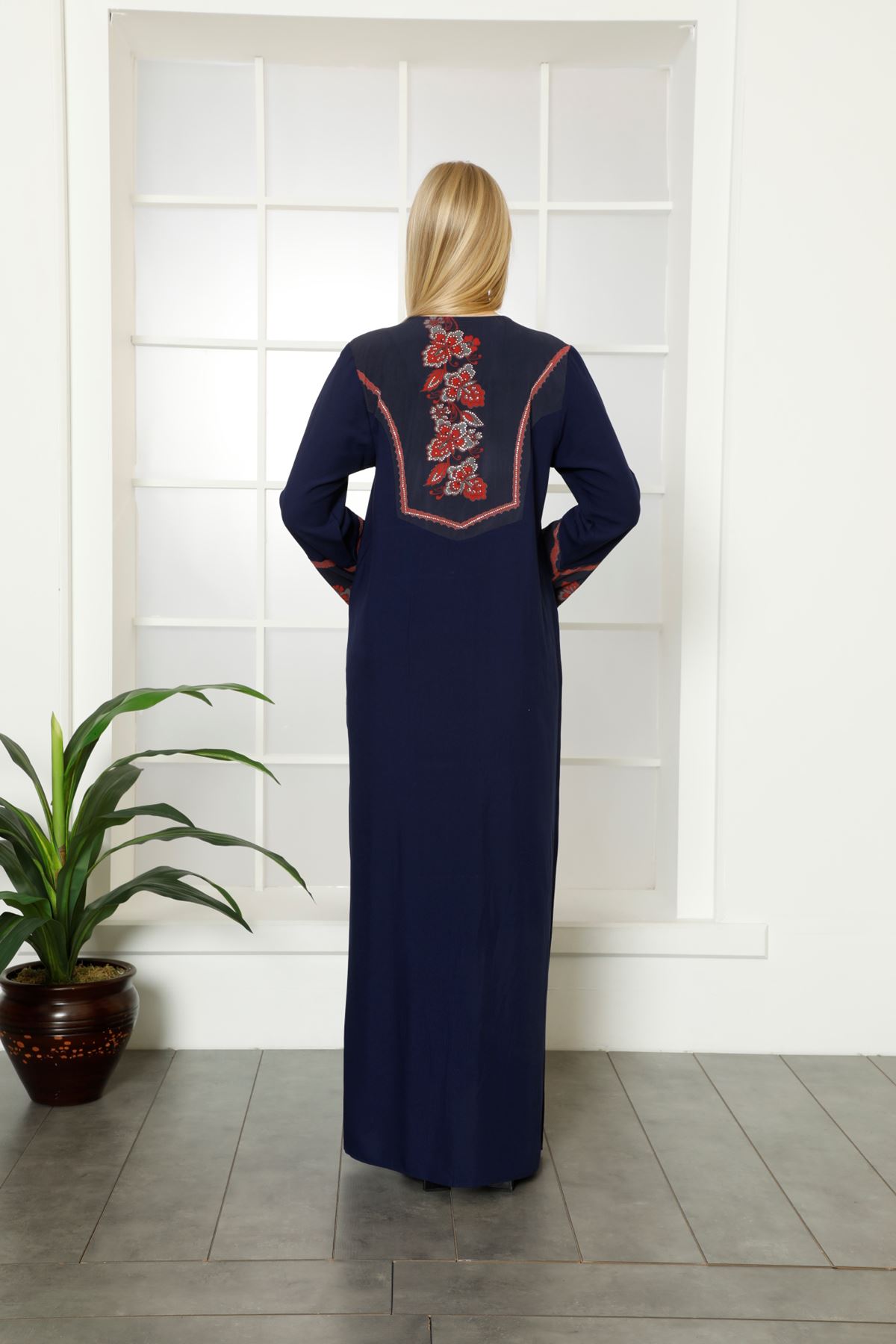Laila Kadın Lacivert Şifon Detaylı Fermuarlı Düz Maxi Viskon Abaya Elbise