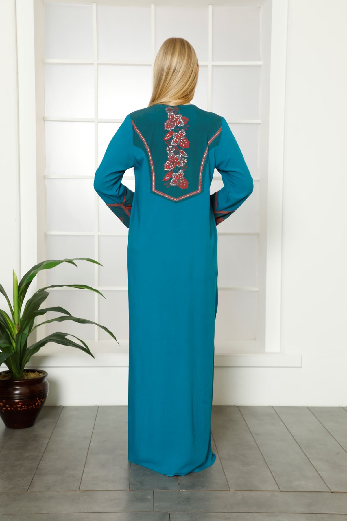 Laila Kadın Petrol Şifon Detaylı Fermuarlı Düz Maxi Viskon Abaya Elbise