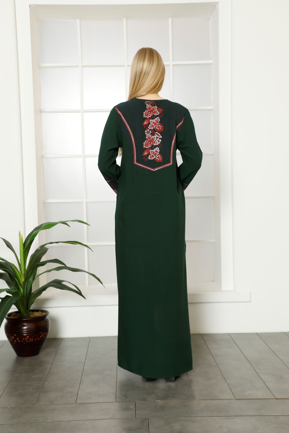 Laila Kadın Yeşil Şifon Detaylı Fermuarlı Düz Maxi Viskon Abaya Elbise