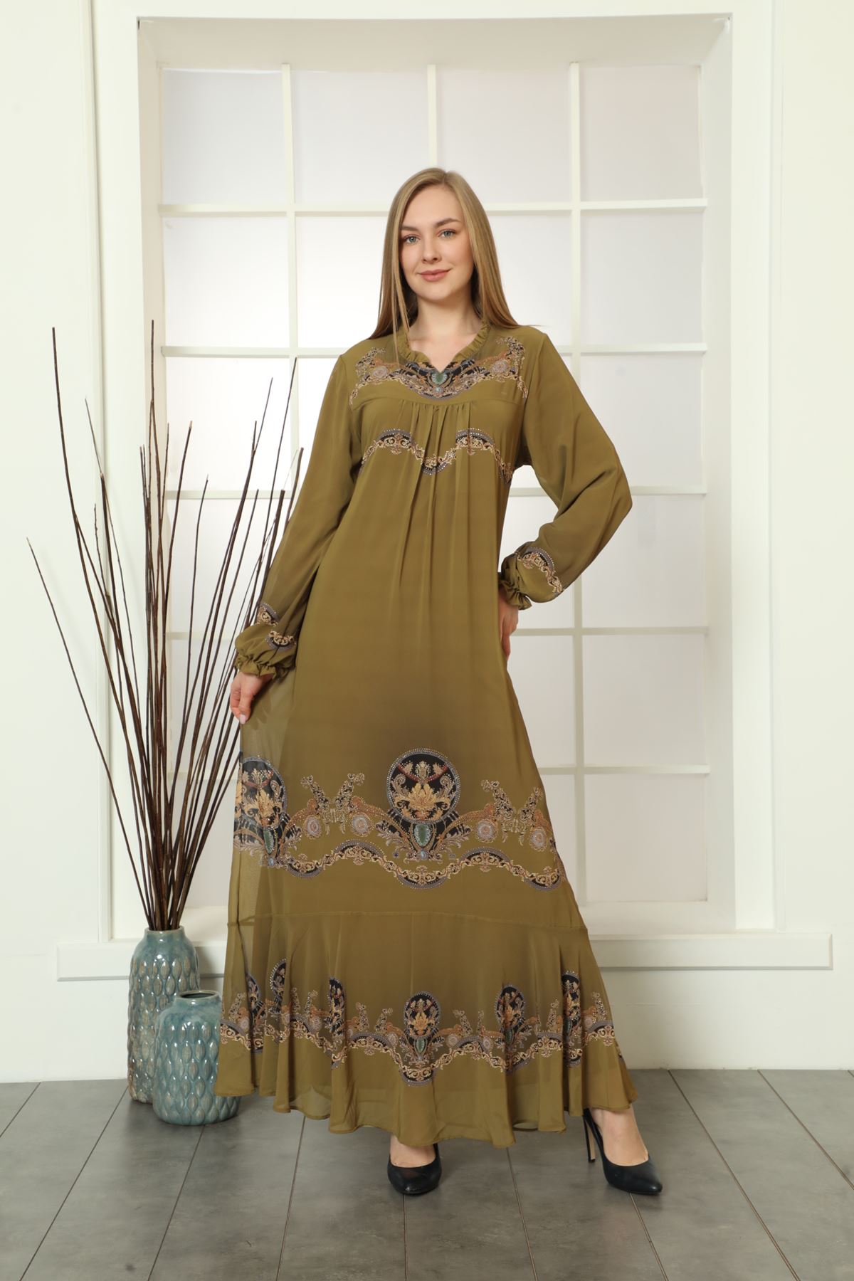 Laila Kadın Haki Taş İşlemeli Şifon Boydan Astarlı Elbise