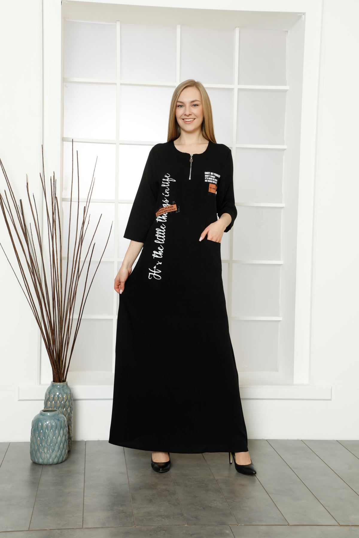 Laila Kadın Siyah Fermuarlı Baskılı Cepli Düz Maxi Aerobin Elbise