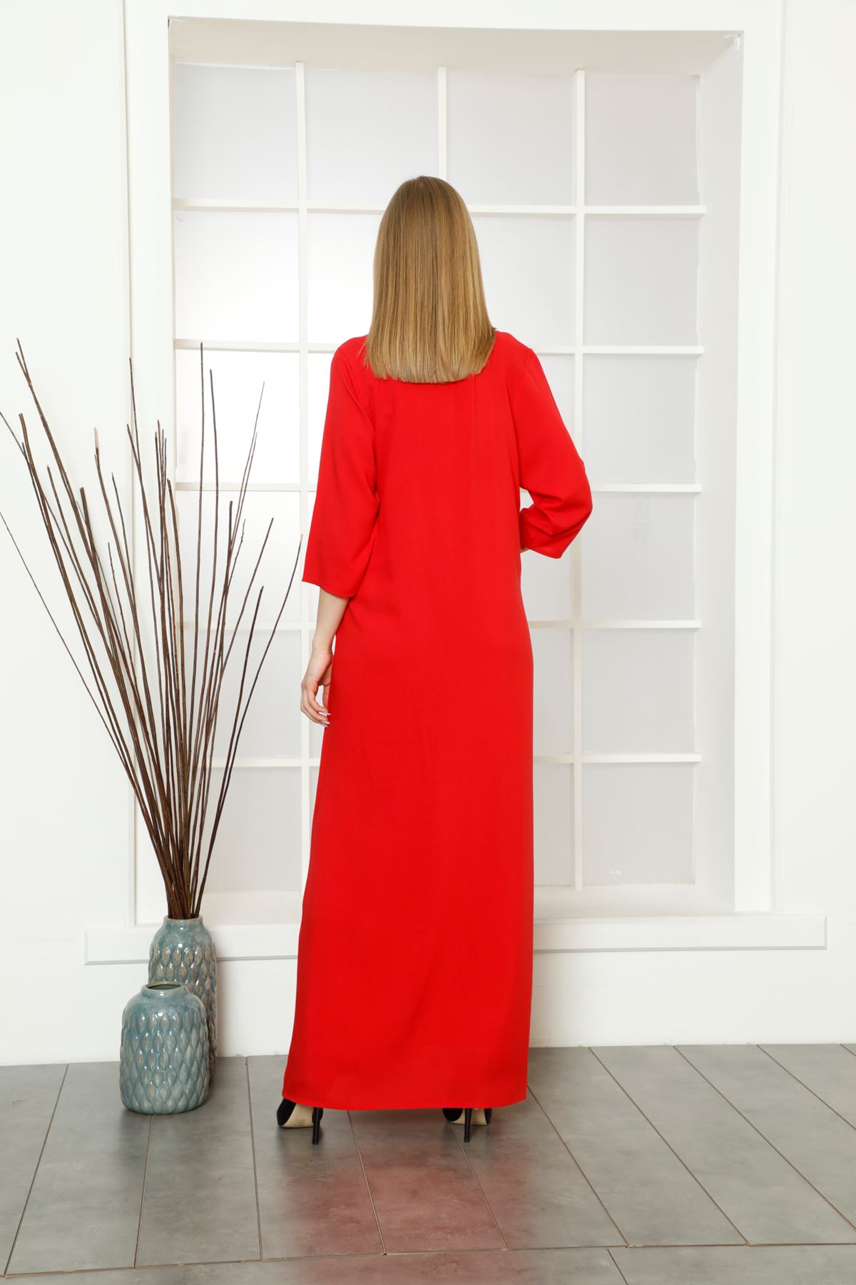 Laila Kadın Kırmızı Fermuarlı Baskılı Cepli Düz Maxi Aerobin Elbise