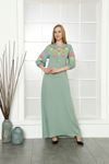 Laila Kadın Çağla Yeşili Nakış İşlemeli Düz Maxi Viskon Elbise